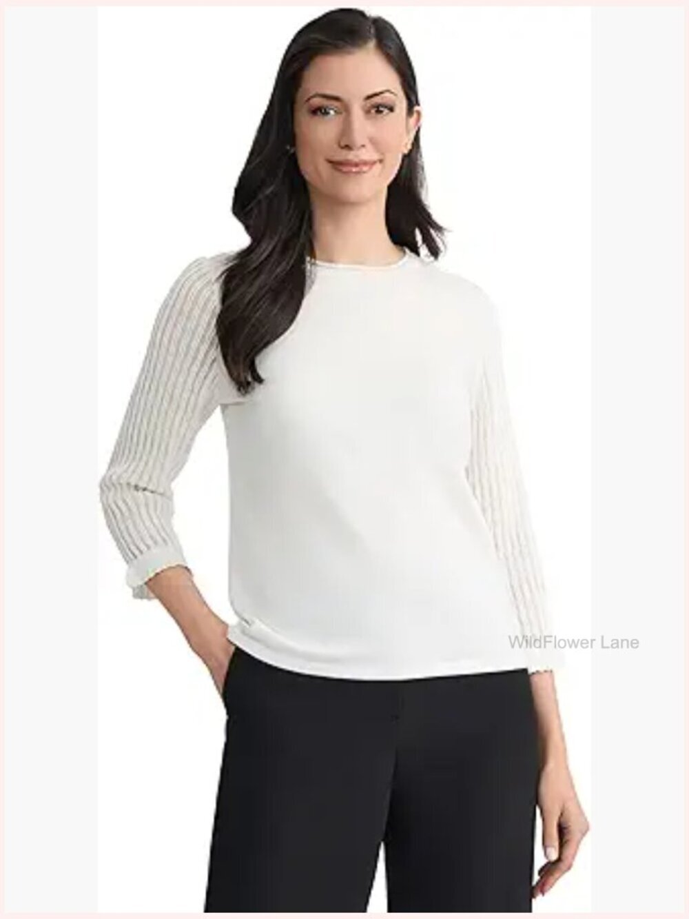 Petite Ruffled Sleeve Crew Neck Knit Top with Flutter Sleeves